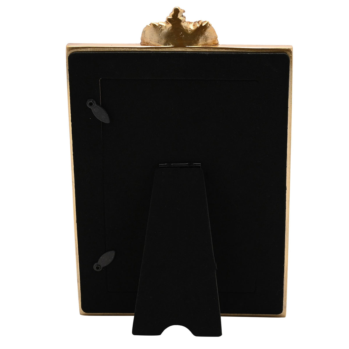 Back view of photo frame with black backing and gold top decorative crest