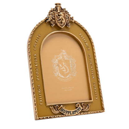Hufflepuff themed gold-tone arched photo frame, crest centered, bead trim border