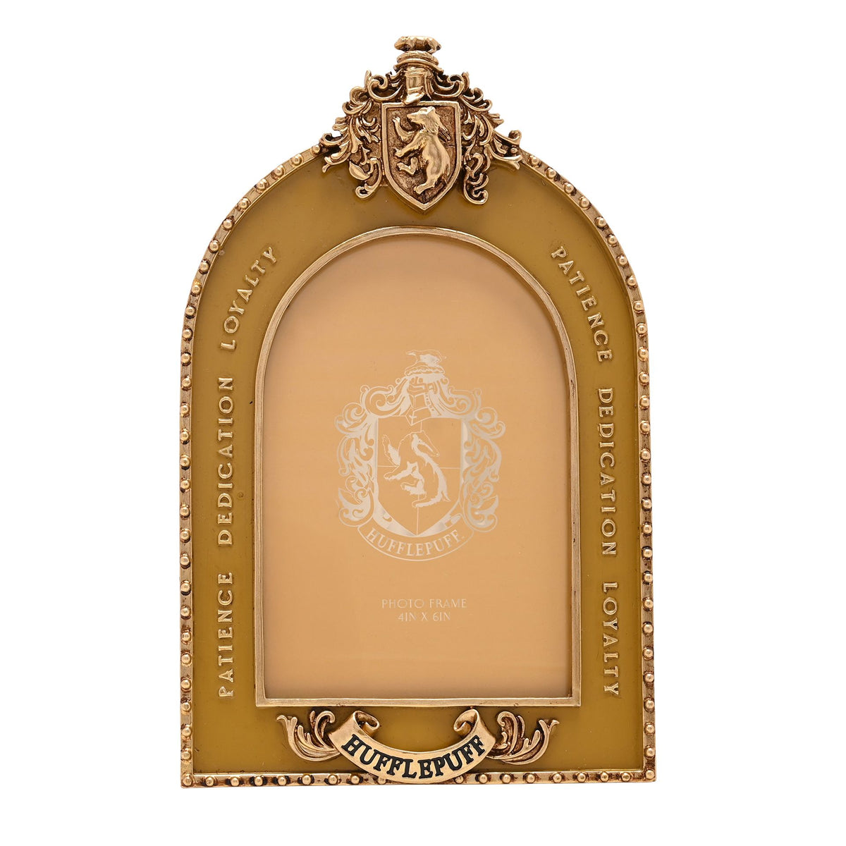 Gold arched Hufflepuff photo frame with ornate top crest and raised side detailing