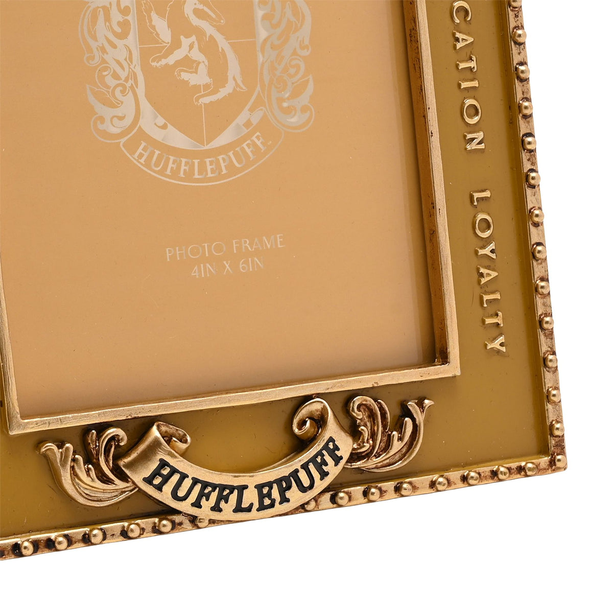 Close-up of gold Hufflepuff photo frame border with crest plaque and stud trim