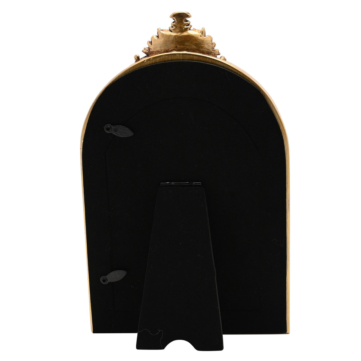 Back view of arched photo frame with black backing panel and gold top finial
