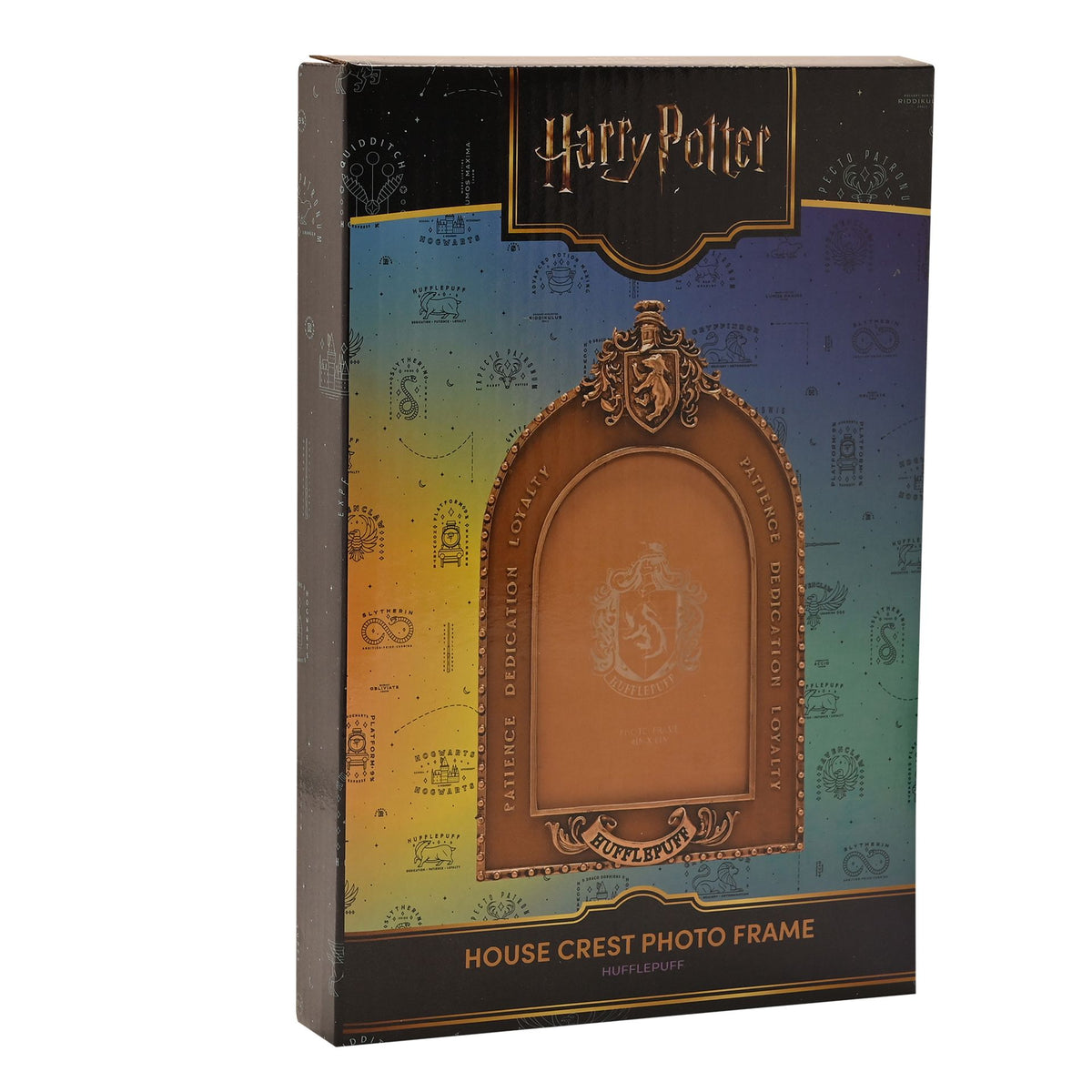 Harry Potter Hufflepuff house crest photo frame box with gold arched frame artwork