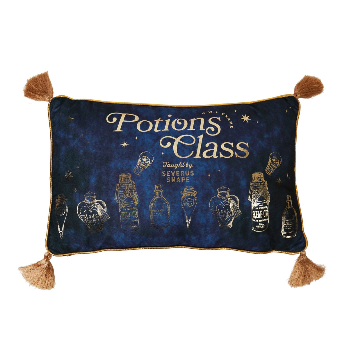 Blue velvet Potions Class cushion, gold trim and tassel corners, potion bottle print