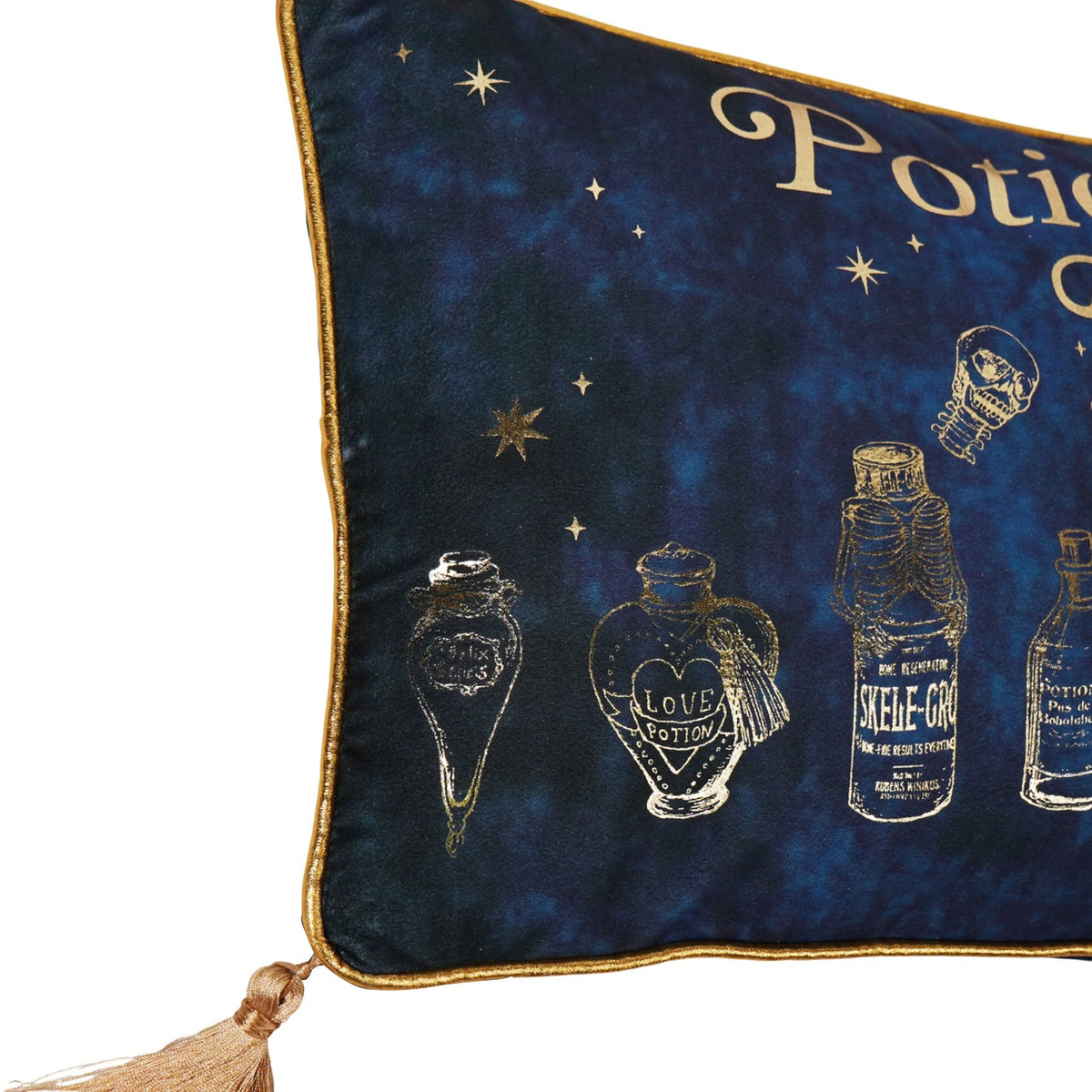 Blue velvet cushion corner with potion bottles graphic and gold trim, tassel fringe