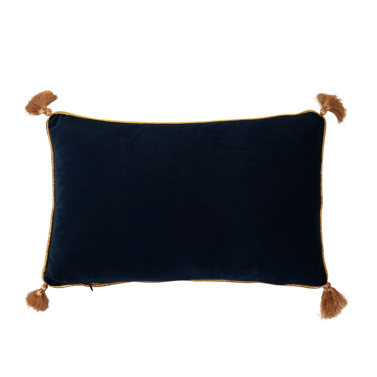 Dark blue velvet cushion back with gold piping and tassel corners, plain surface
