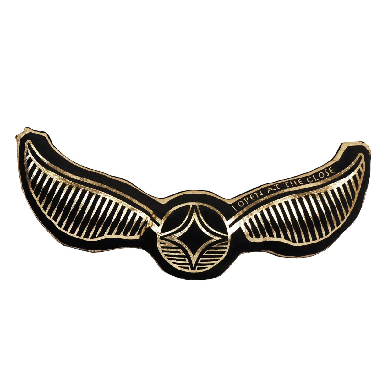 Snitch-shaped velvet cushion front with gold-outlined wing stripes and center emblem