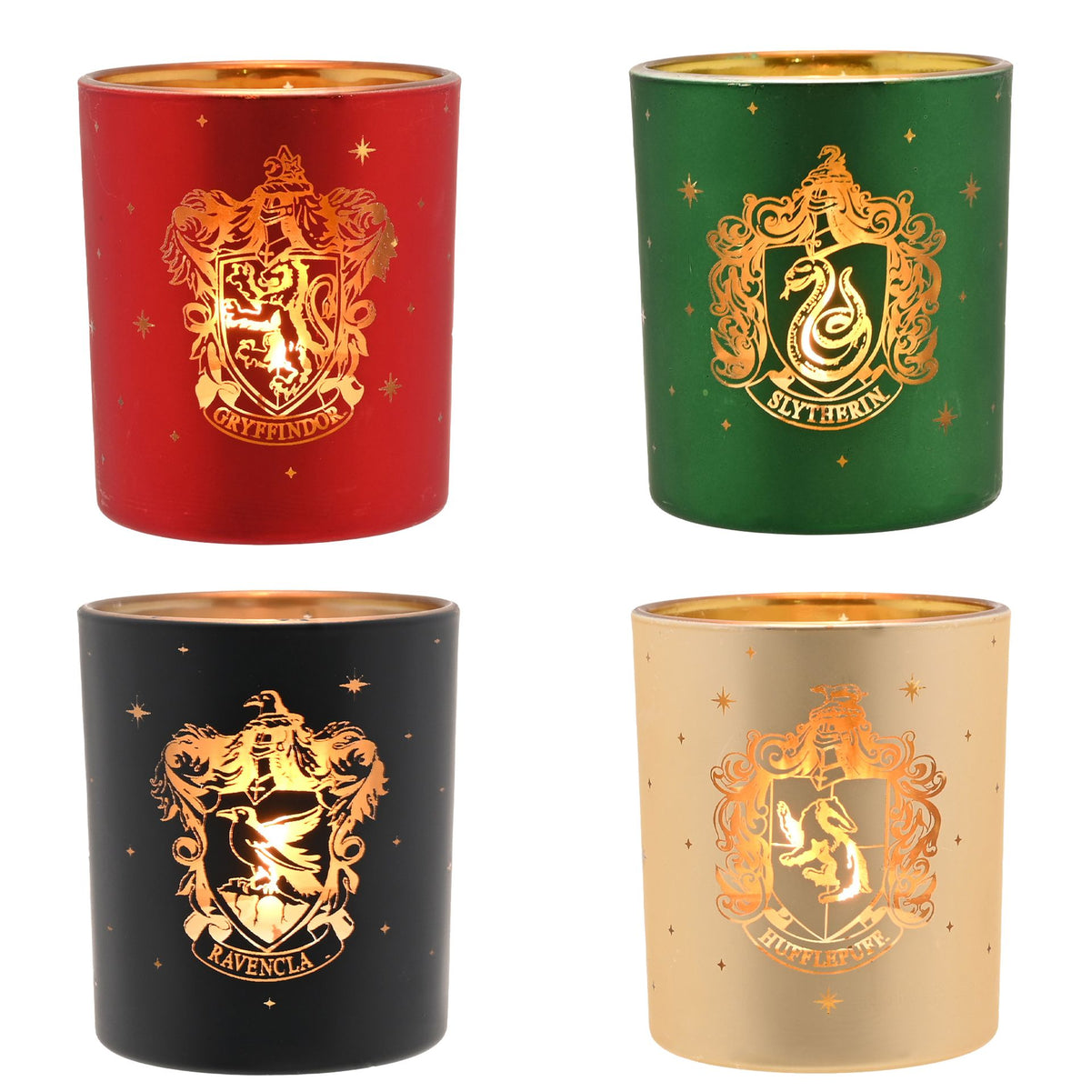 Set of 4 tealight holders with house crests: Gryffindor, Slytherin, Ravenclaw, Hufflepuff