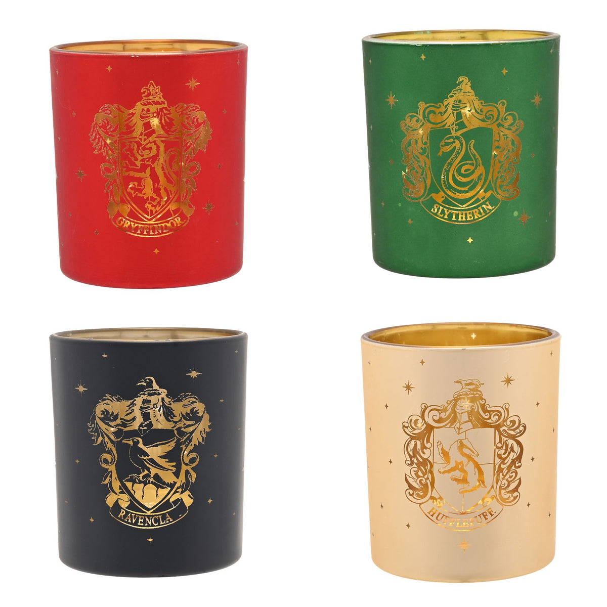 Set of 4 tealight holders in red, green, dark gray, and cream with house crest emblems
