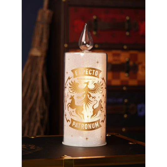 Winged-crest Patronus LED pillar candle, frosted white with gold print and flame-style top