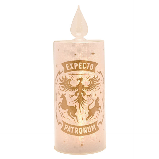 Patronus LED pillar candle with gold winged emblem, frosted white body and flame-shaped top