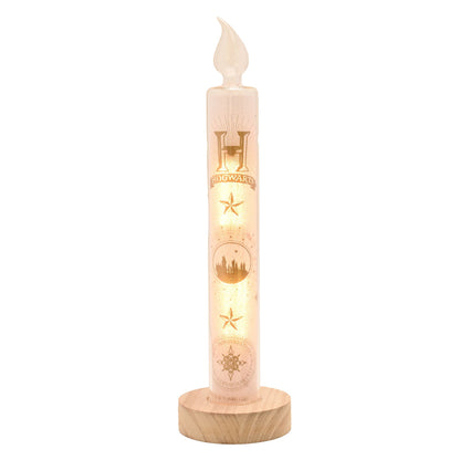 Hogwarts-themed LED candle with lit symbol graphics, clear flame top, on wooden base