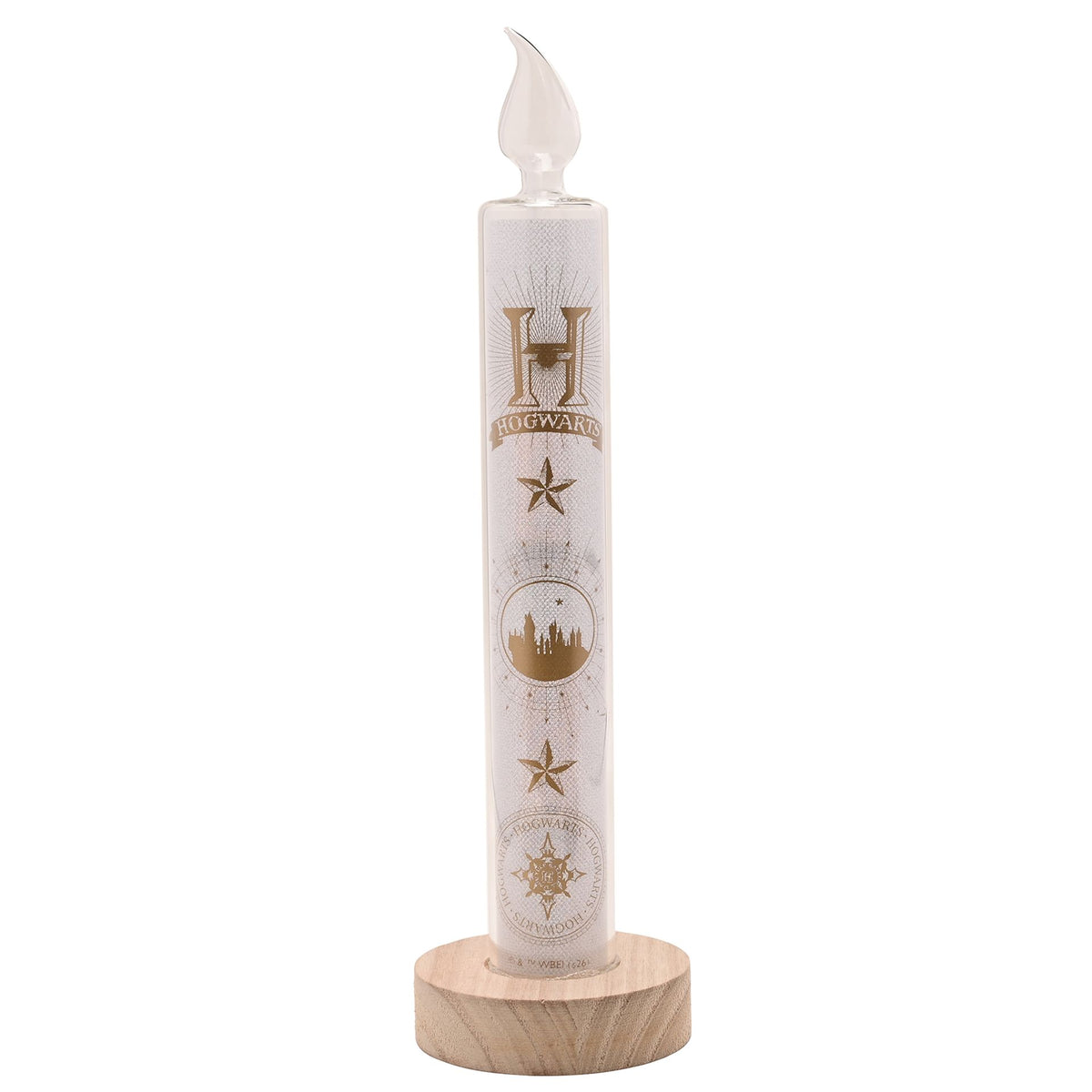 Frosted LED candle with Hogwarts emblem print and clear flame top, on wooden base