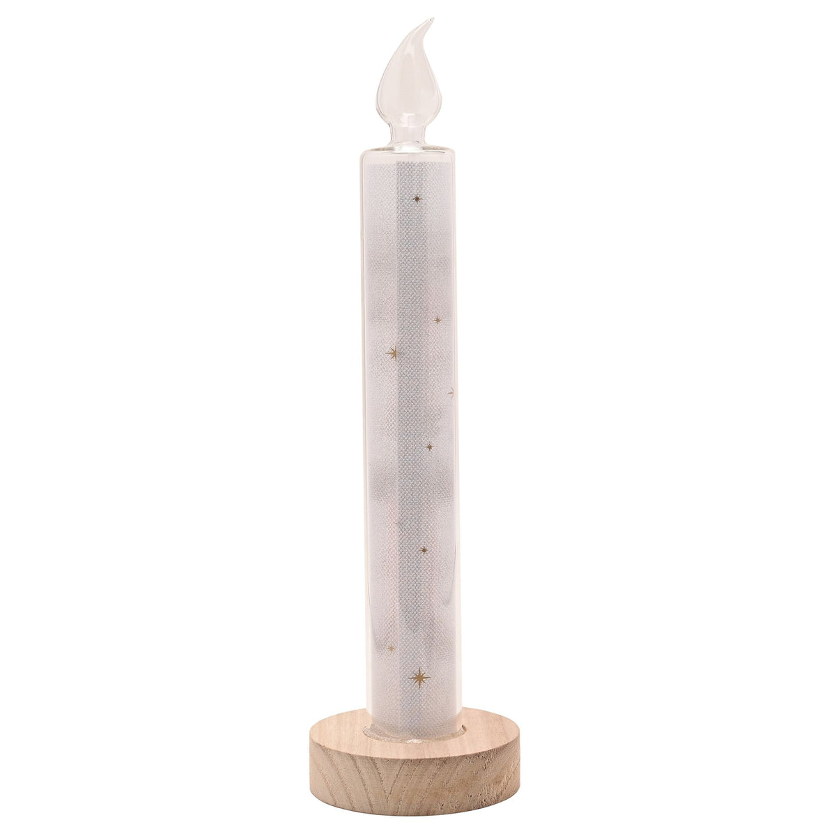 Back view LED candle with scattered star accents, clear flame top, on wooden base