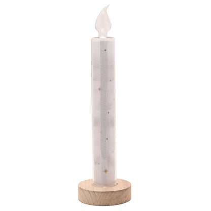 Back view LED candle with scattered star accents, clear flame top, on wooden base