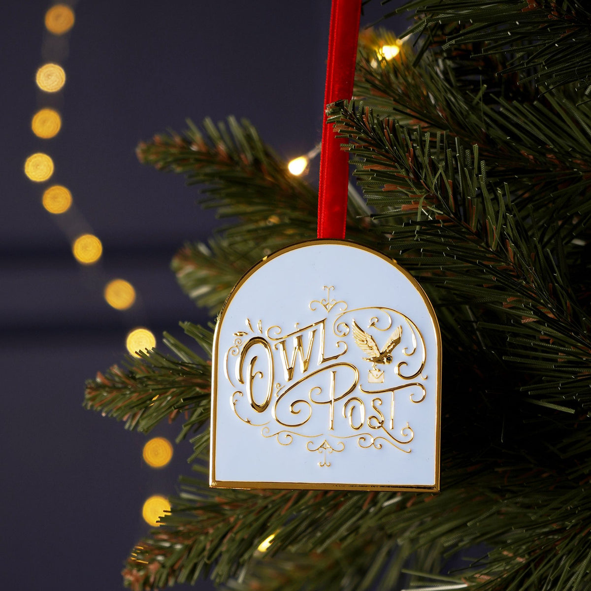 Harry Potter Owl Post metal hanging ornament with red ribbon and gold filigree