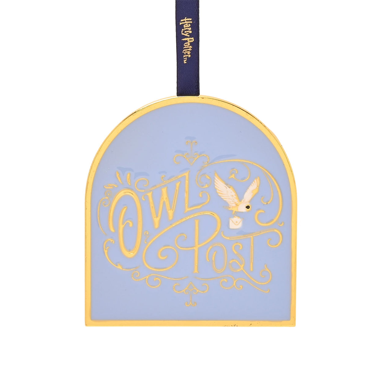 Harry Potter Owl Post hanging ornament, light blue front with gold owl and dark ribbon