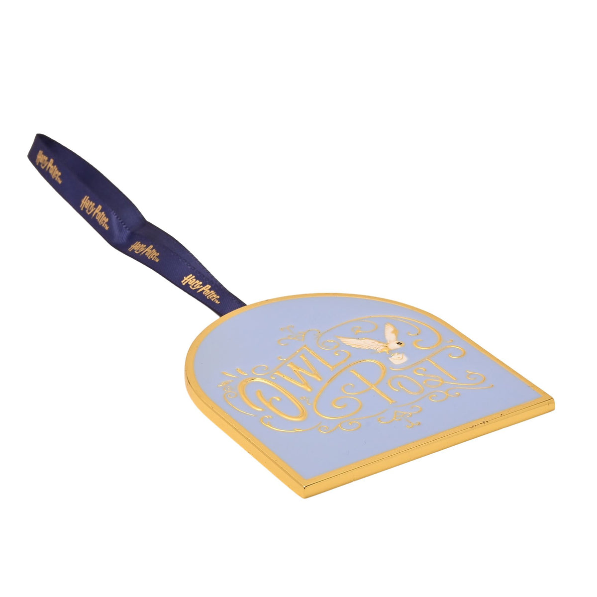 Harry Potter Owl Post metal ornament with gold frame and dark blue ribbon, angled view