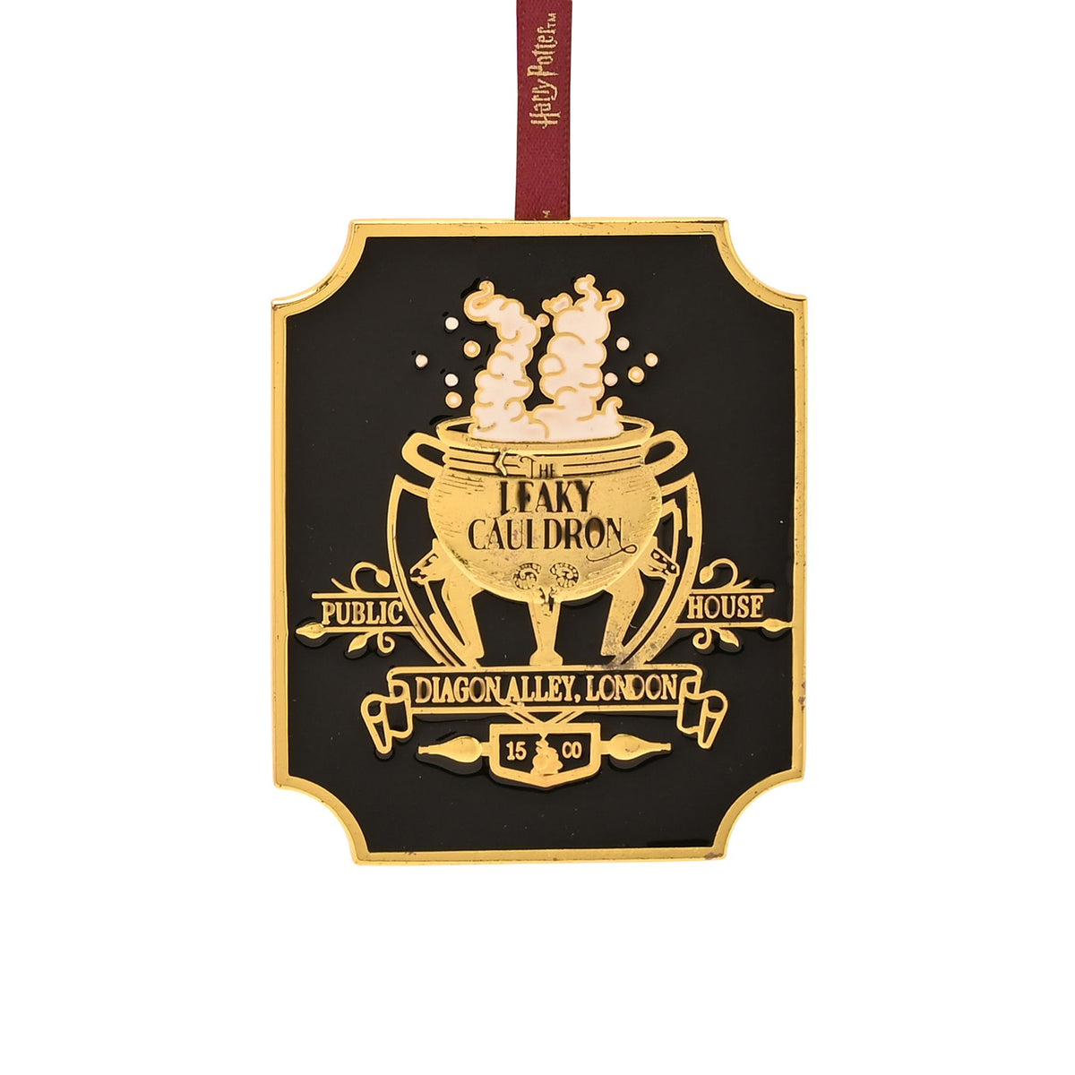 Black octagon hanging plaque with gold Leaky Cauldron graphic and red hanging ribbon