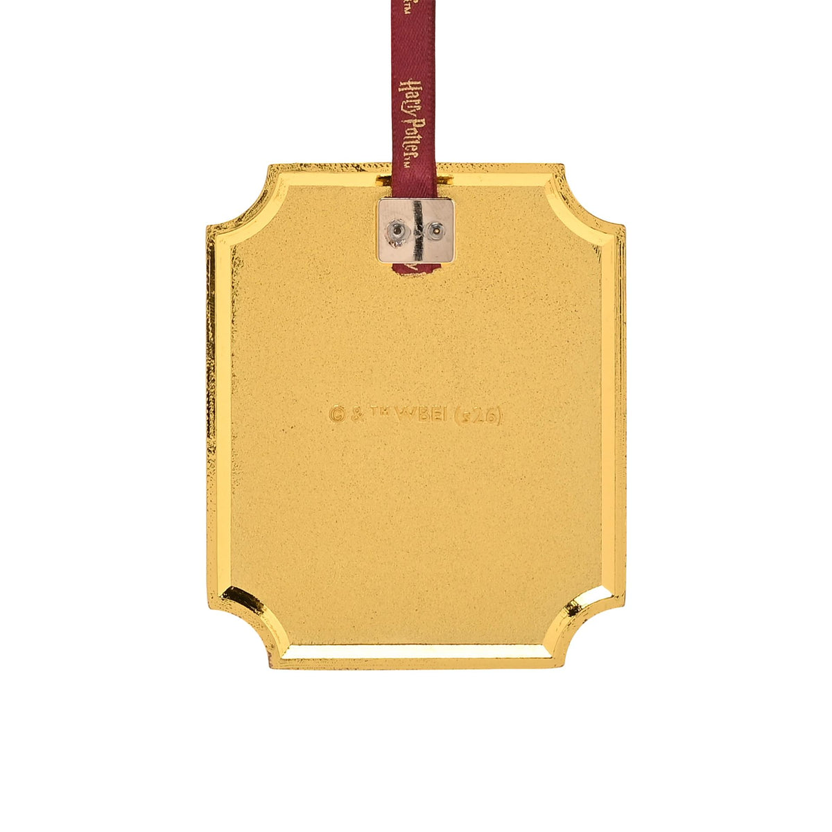 Metal hanging decoration back with two metal tabs and red ribbon