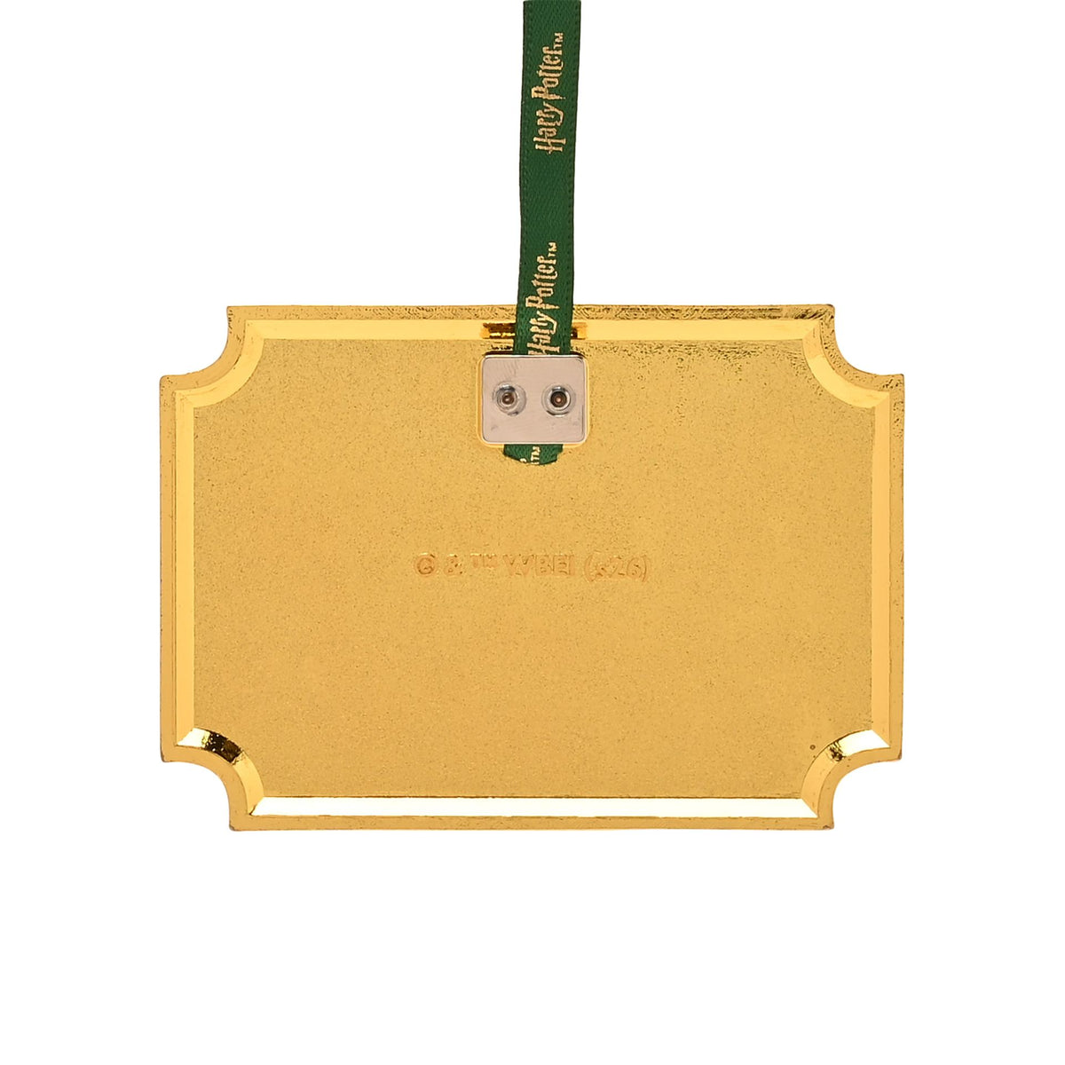 Back of gold metal ornament with gray hanging loop and green ribbon.