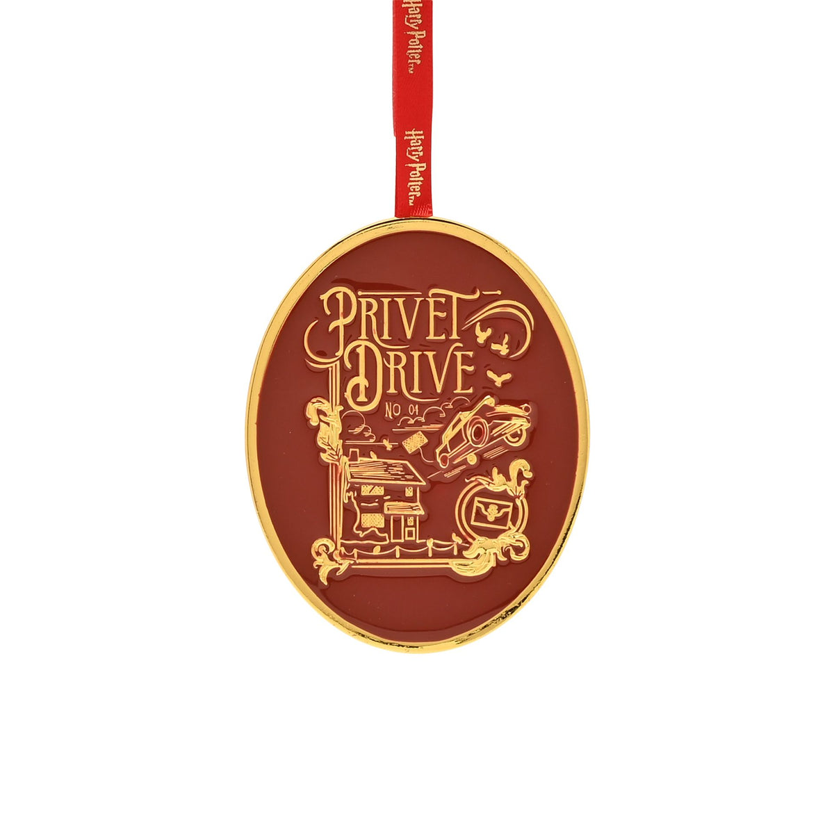 Privet Drive logo oval ornament with gold border and red hanging ribbon