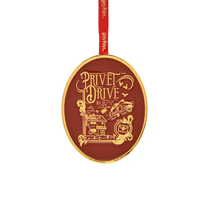 Privet Drive logo oval ornament with gold border and red hanging ribbon
