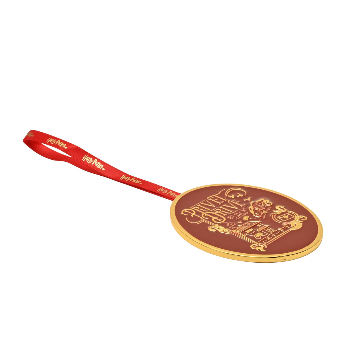 Privet Drive oval ornament with gold details on burgundy face, on red ribbon