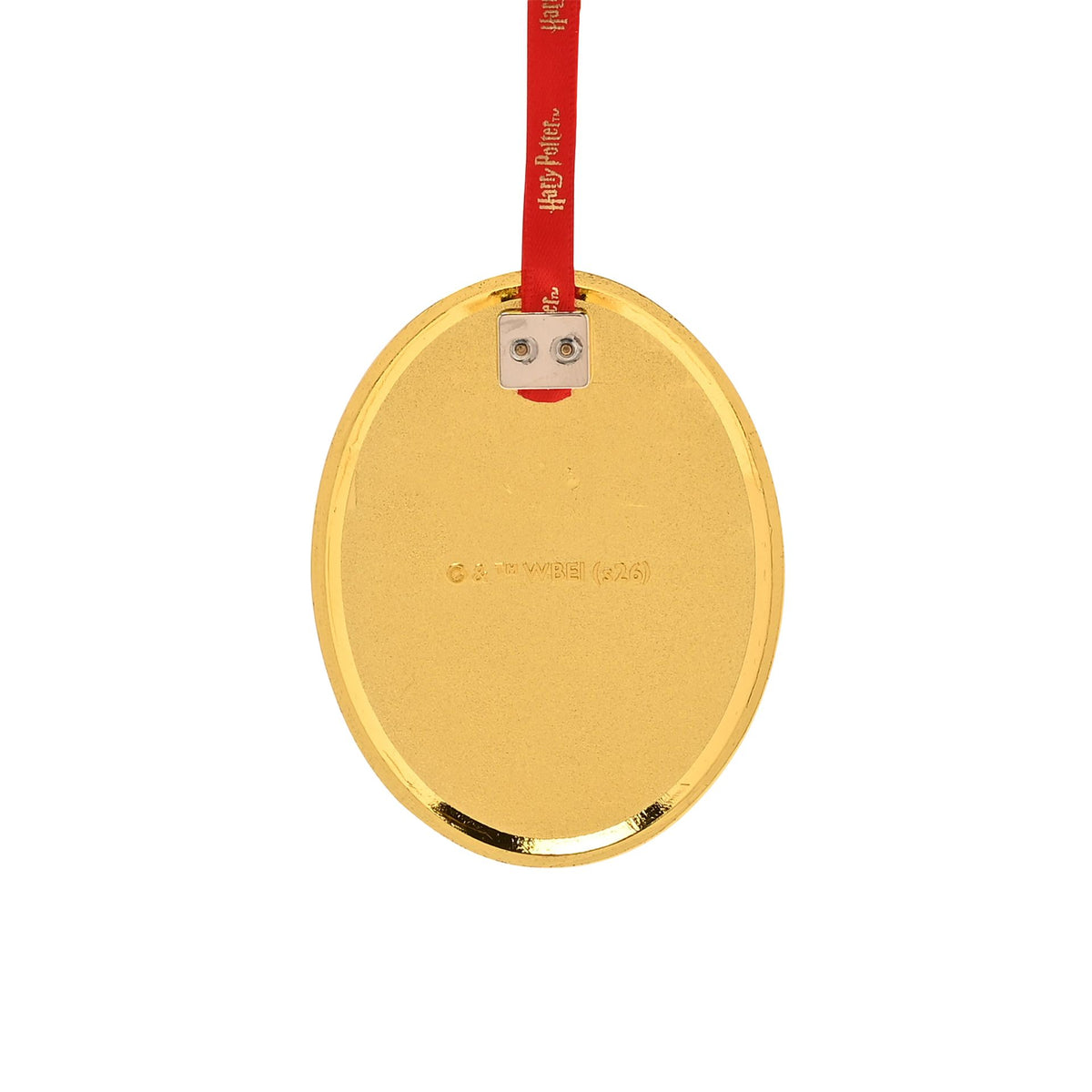 Back of oval Privet Drive ornament in gold tone with metal clasp and red ribbon