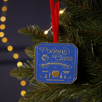 Potions Class metal epoxy hanging decoration with blue hex plaque and red ribbon