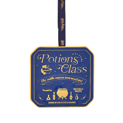 Blue Potions Class metal epoxy hanging plaque with dark ribbon, gold border, and icons