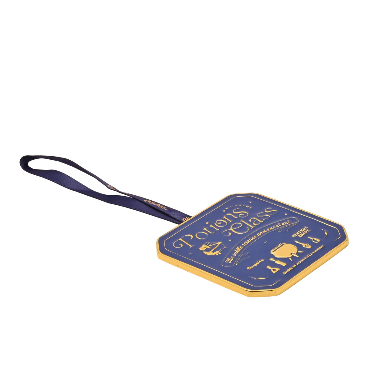 Hex Potions Class hanging decoration with dark blue ribbon and blue-and-gold design