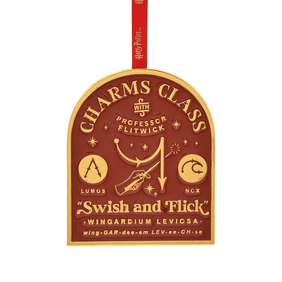 Round metal hanging charm with brown crest, gold lettering and red hanging ribbon