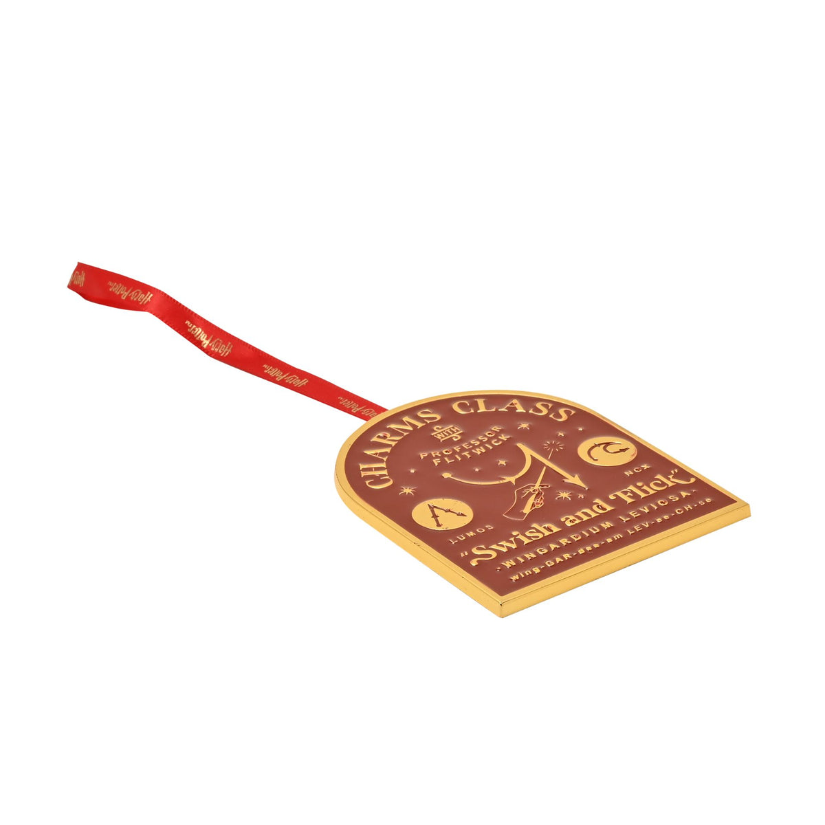 Round metal hanging charm with brown crest, red ribbon and gold arch-style design