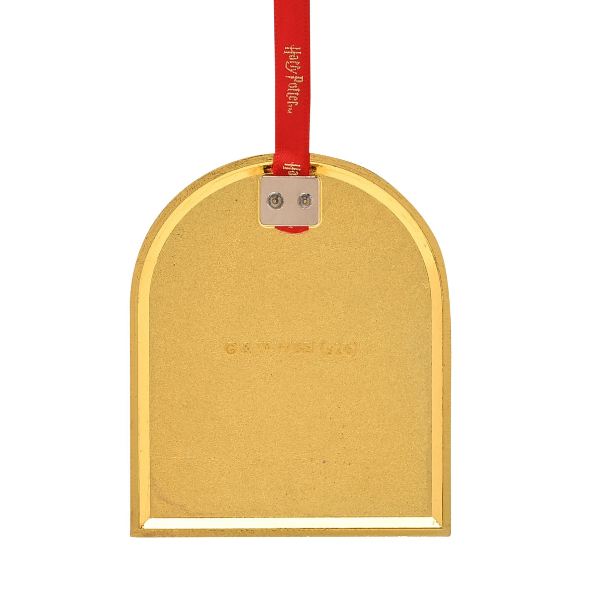 Gold metal back of hanging charm with red ribbon and small hanging hardware