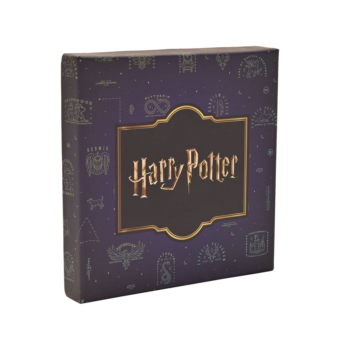 Harry Potter-themed gift box with dark purple cover and gold ornamental frame