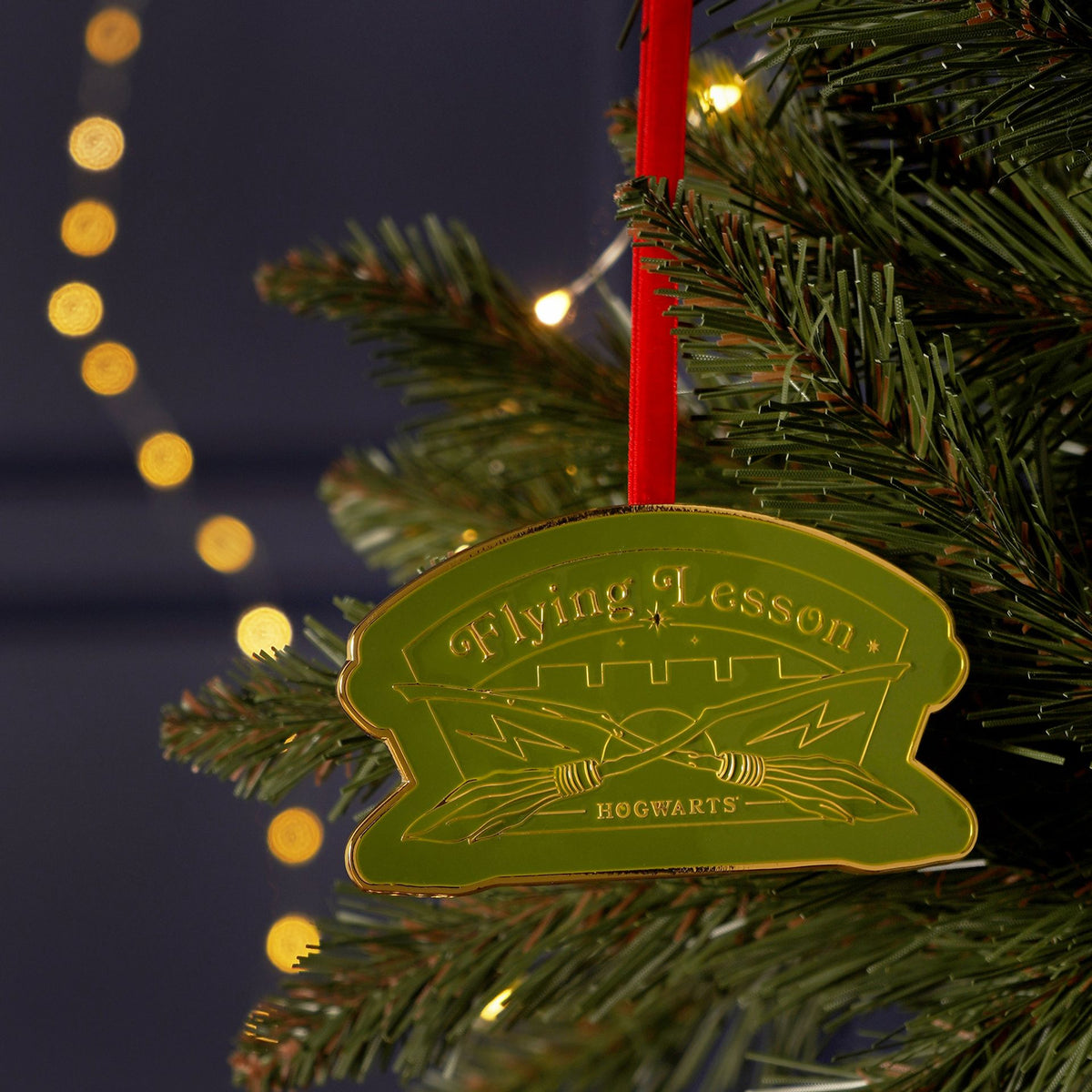 Flying Lesson Hogwarts metal ornament with green ribbon and gold edge