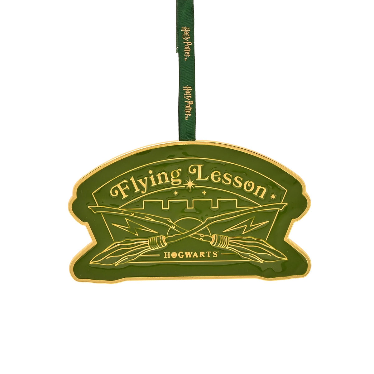 Green and gold Flying Lesson Hogwarts hanging ornament, front text and emblem