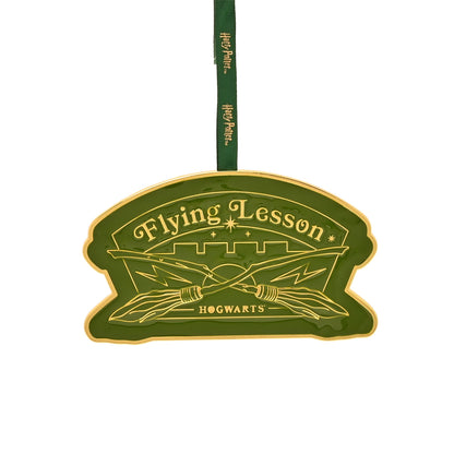 Green and gold Flying Lesson Hogwarts hanging ornament, front text and emblem