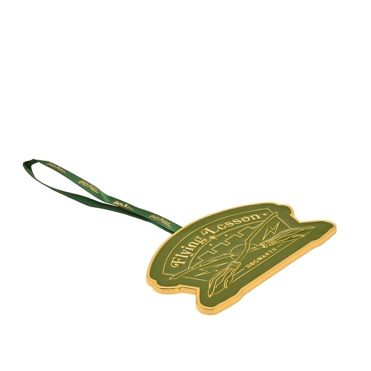 Flying Lesson Hogwarts ornament with green hanging ribbon, gold outline, angled view