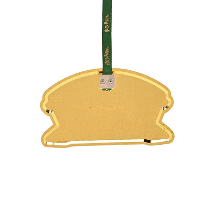 Back of Flying Lesson Hogwarts metal ornament with gold backing and hanging loop