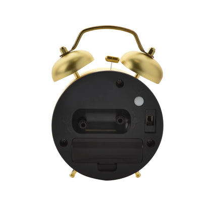 Gold twin-bell alarm clock back panel with battery compartment and ports