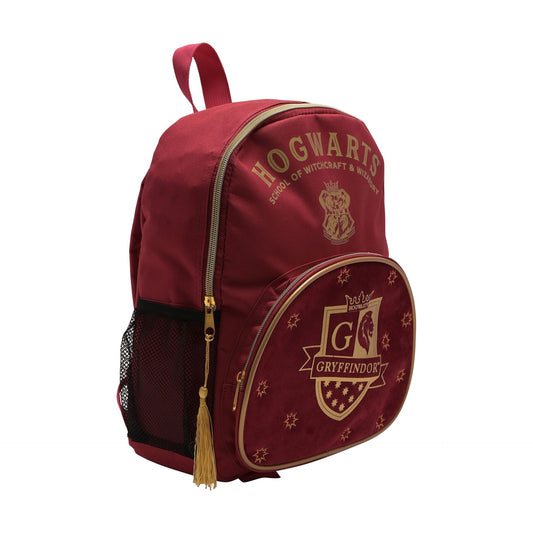 Maroon Hogwarts Gryffindor backpack side view with gold zipper trim and tassel