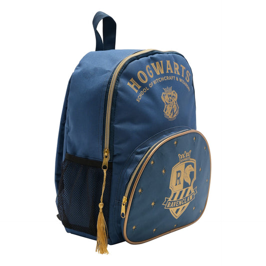 Blue Ravenclaw Hogwarts backpack with front badge, tassel charm, and zip pocket