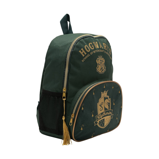 Dark green Slytherin Hogwarts backpack with gold zipper and front house emblem