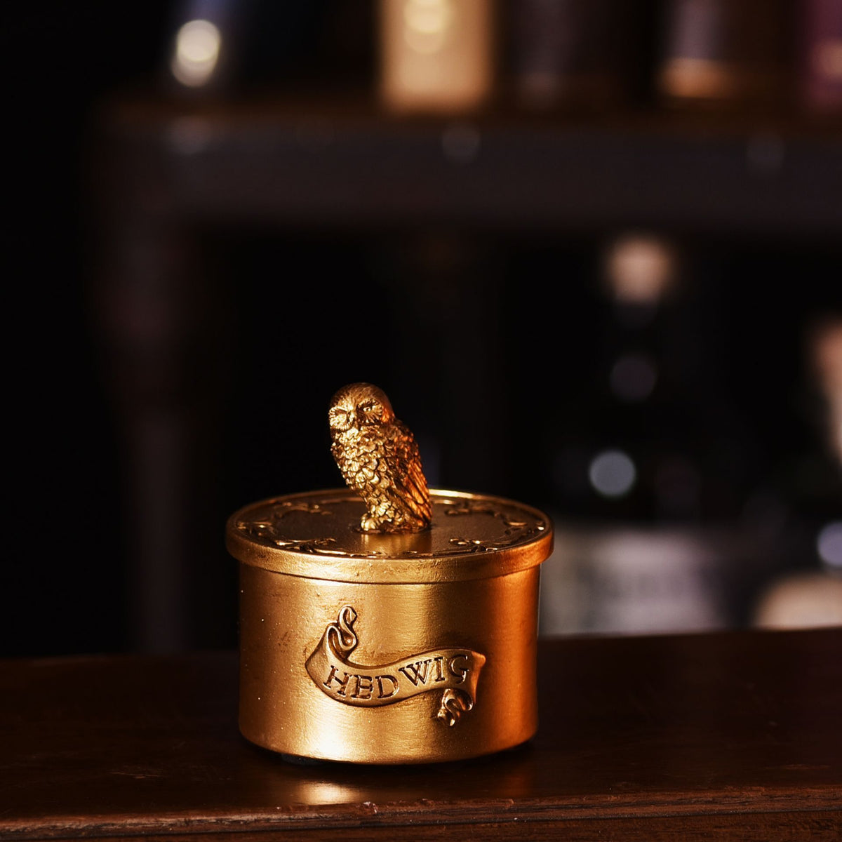 Gold Hedwig trinket pot with owl figurine on open lid and engraved front