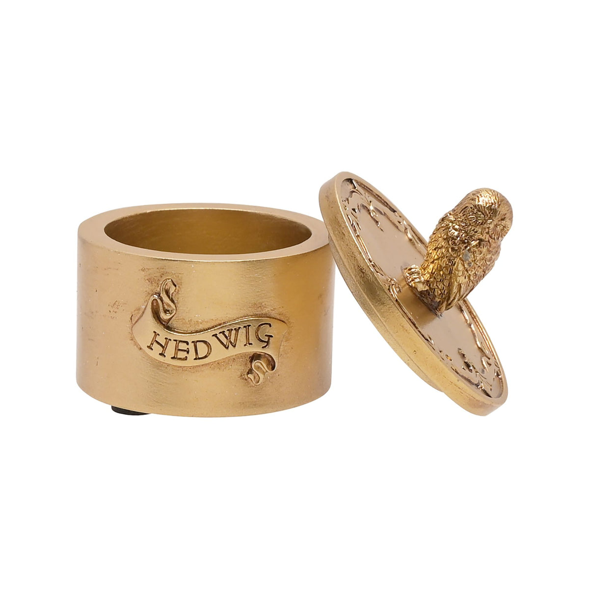 Gold Hedwig trinket pot with open lid and owl figurine, hinged top