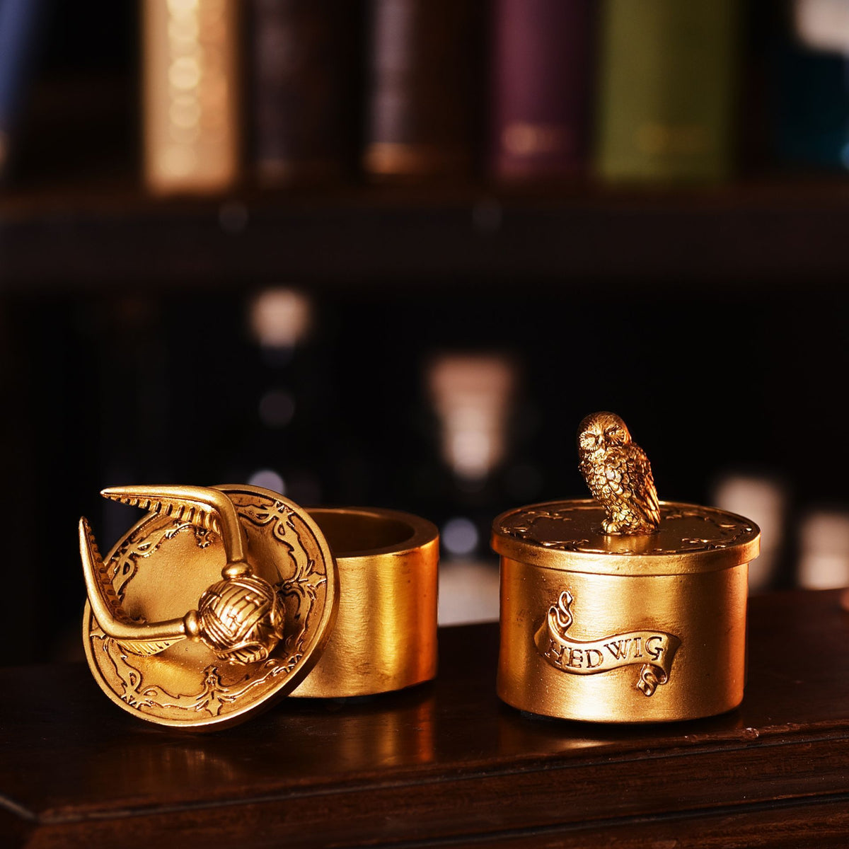 Two gold Hedwig trinket boxes on tabletop, one lid open with owl figurine