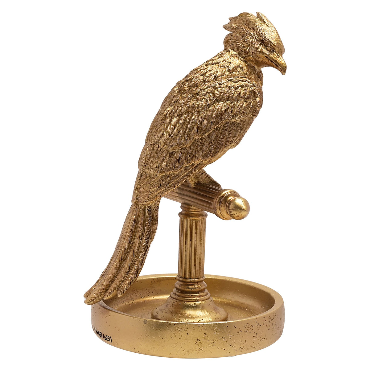 Gold-tone standing Fawkes bird jewellery stand with circular base tray