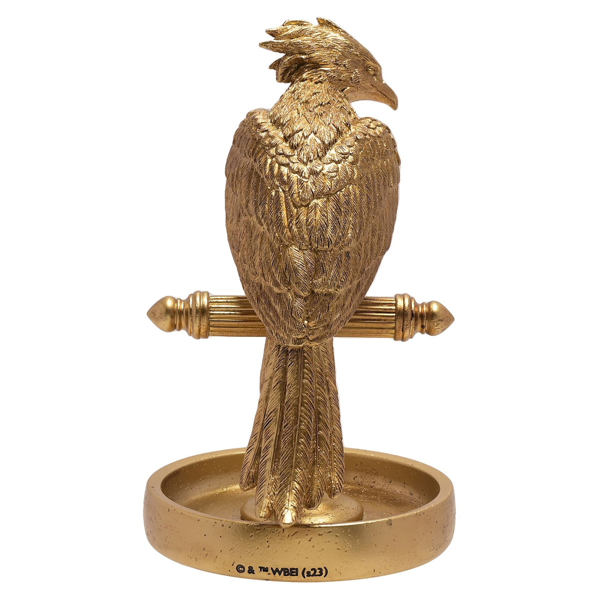 Gold-tone Fawkes bird jewellery stand with bar detailing and round base tray