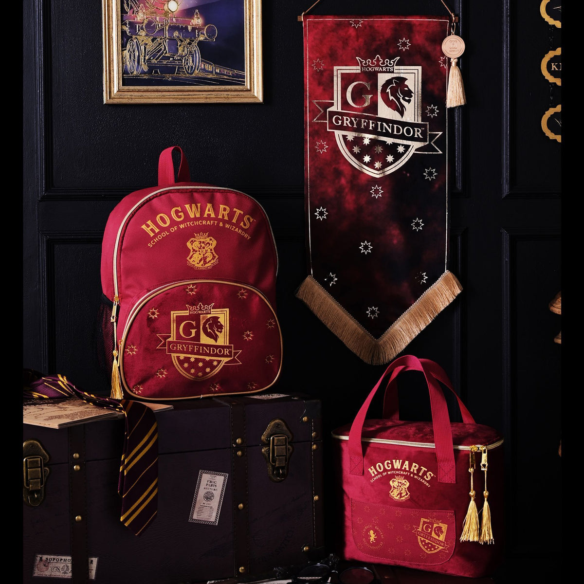 Gryffindor hanging banner with shield crest and star pattern, tan tassel fringe
